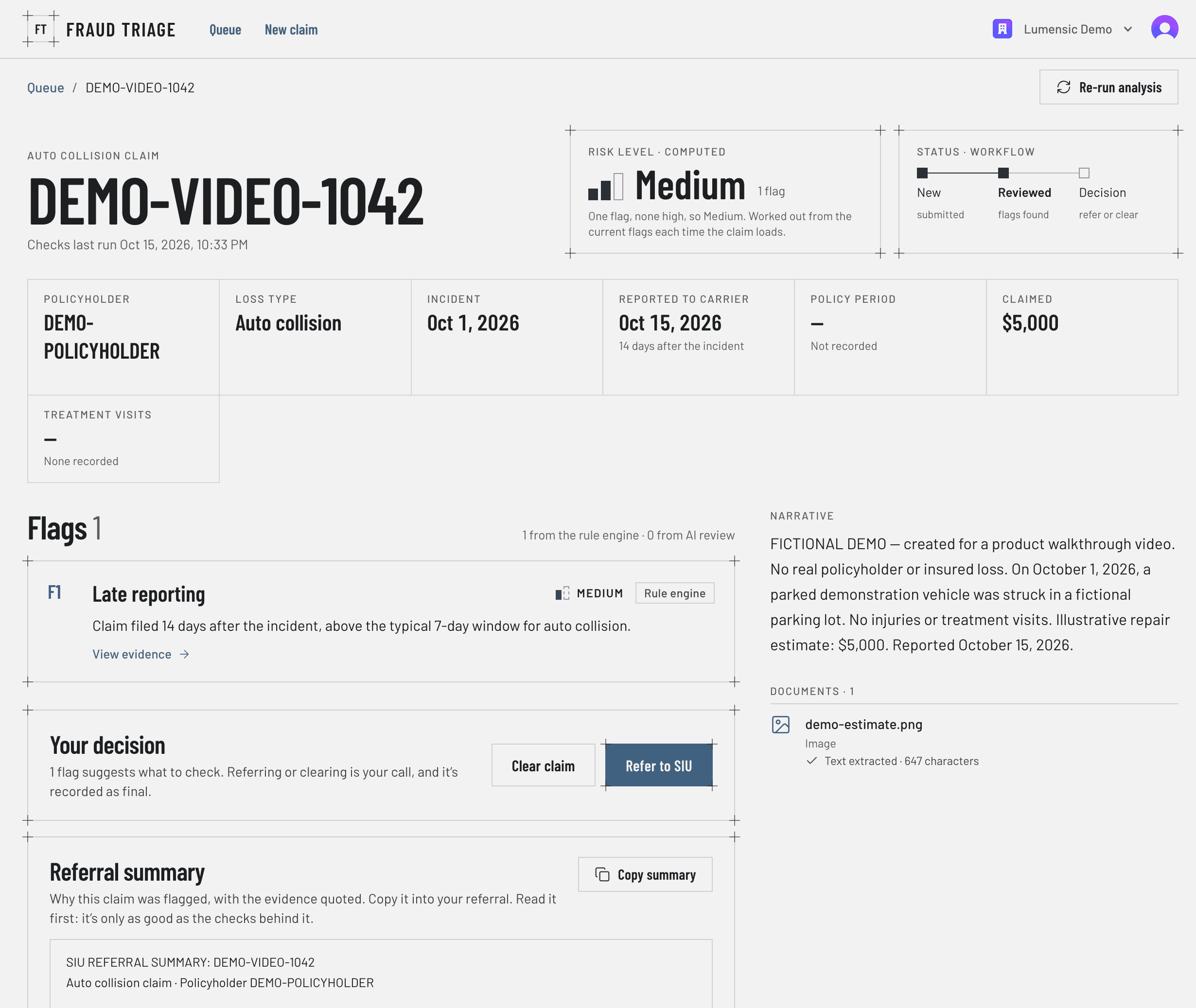 Fraud Triage claim page for a fictional demo claim, DEMO-VIDEO-1042. Risk level Medium, worked out from one flag. Flag F1, Late reporting, Medium, from the rule engine: claim filed 14 days after the incident, above the typical 7-day window for auto collision. Decision buttons Clear claim and Refer to SIU, and a referral summary with a Copy summary button.